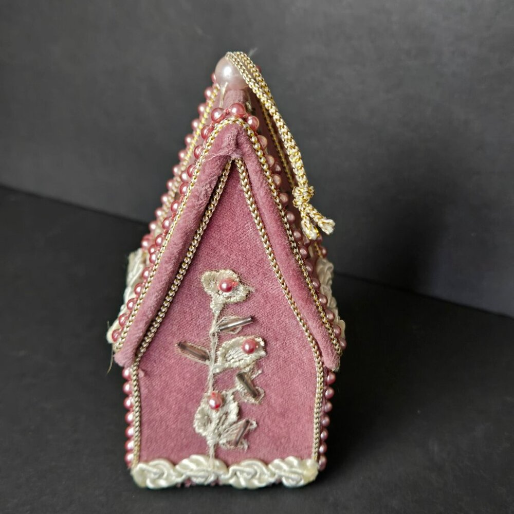 Velvet Beaded Birdhouse Ornament Pink Embroidered Christmas Decoration Elegant - Picture 3 of 9